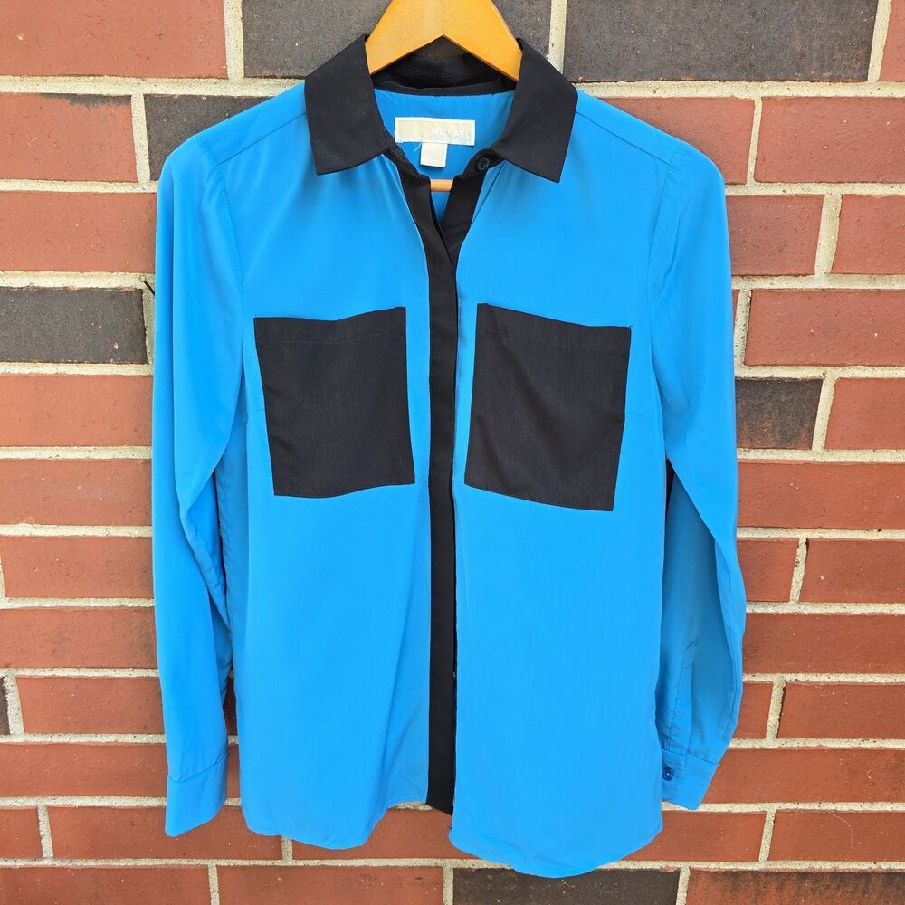 MICHAEL KORS Teal/Black Chest Patch Pockets Button Satin Front Top Size Small